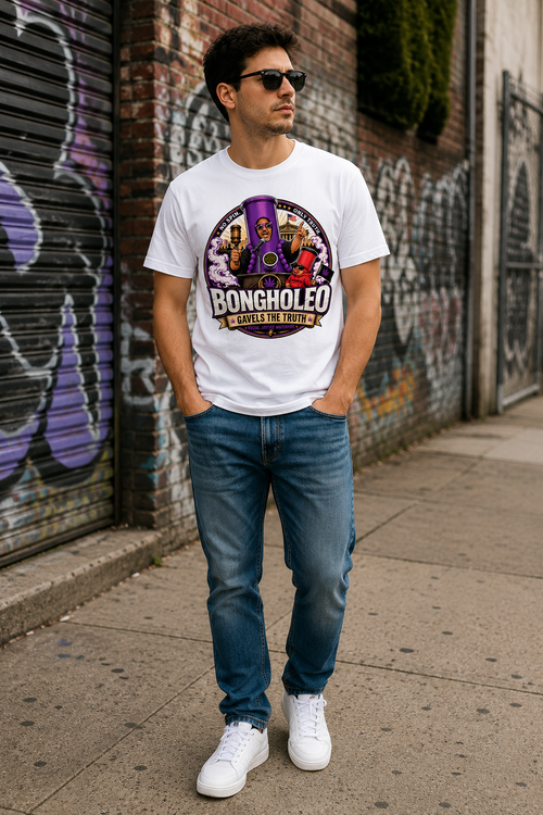 Bongholeo Gavels The Truth tee, white, worn on the street